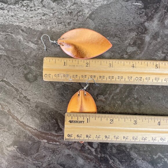 Handcrafted Leaf-Shaped Faux Leather Copper Colored Earrings - Picture 5 of 6